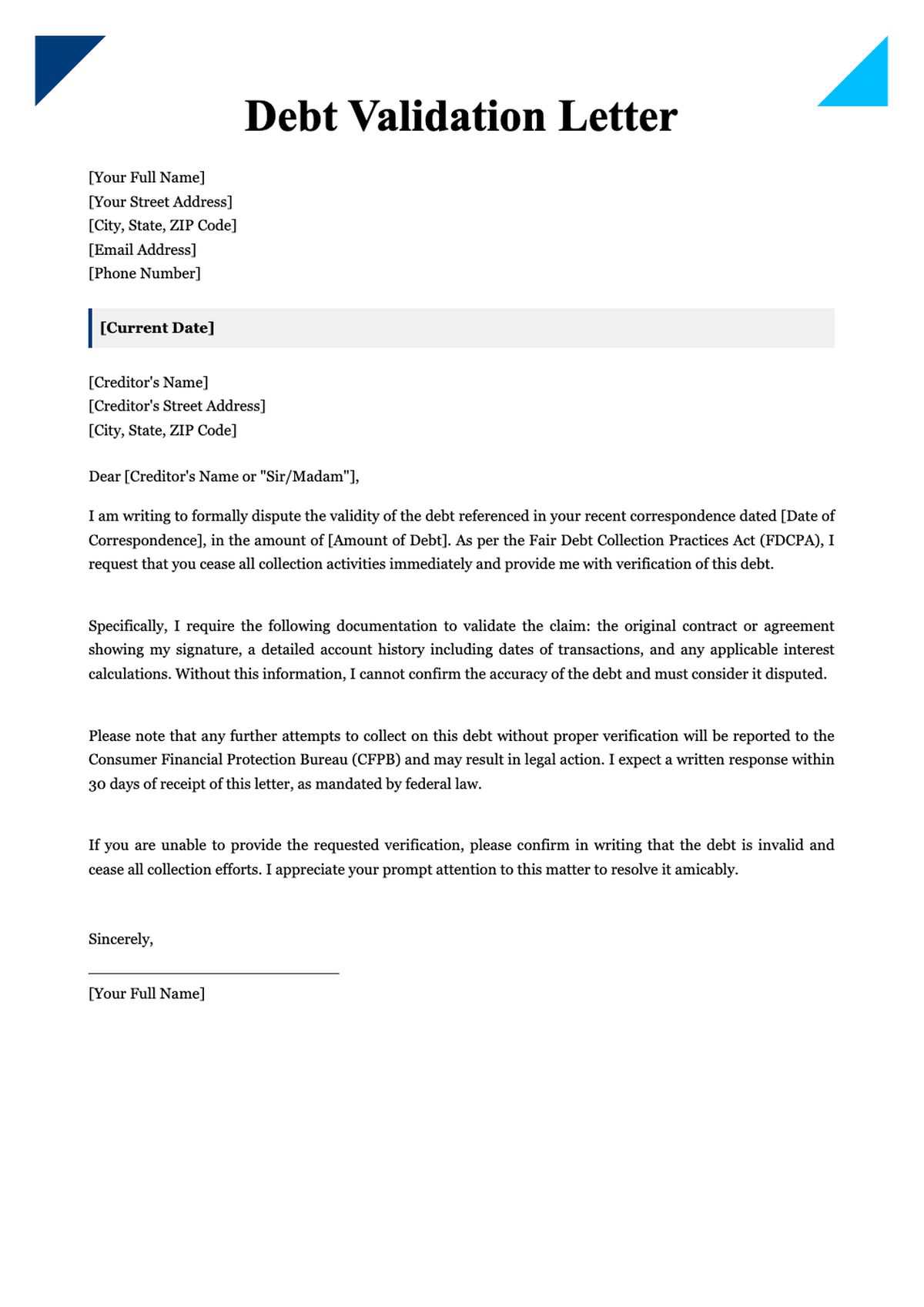 Debt verification letter template with blue geometric header and placeholder fields_variant_1